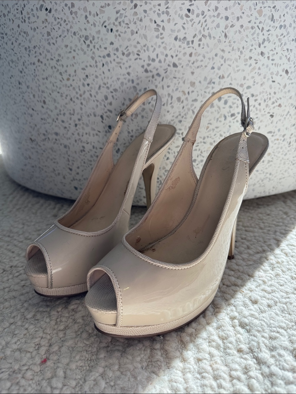 Women’s Nude Patent Peep-Toe Slingback Platform Heels